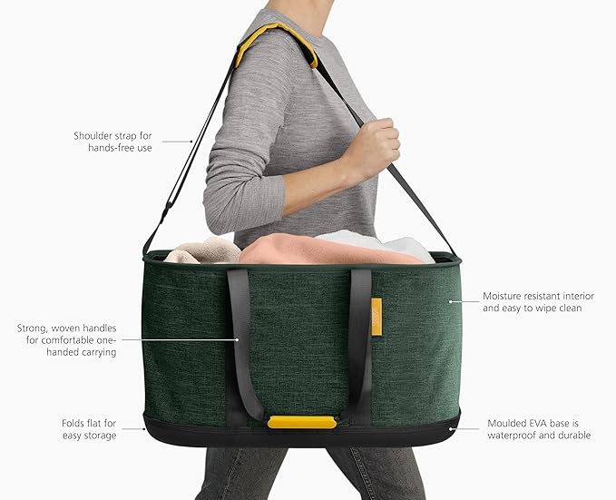 Joseph Joseph Hold-All Collapsible 45L/11.89 Gallon Outdoor Washing Laundry Basket with Shoulder Strap, Durable Fabric, Waterproof Base (Dark Green)