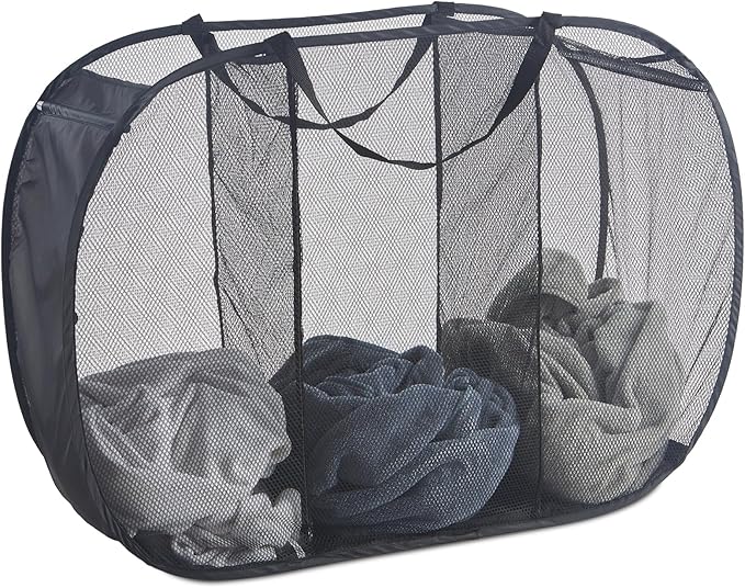 Seiritex Mesh Popup Laundry Hamper 3 Compartment Sortable Horizontal Collapsible Laundry Basket for Clothes Laundry Room Bedroom Toys Travel (Black)