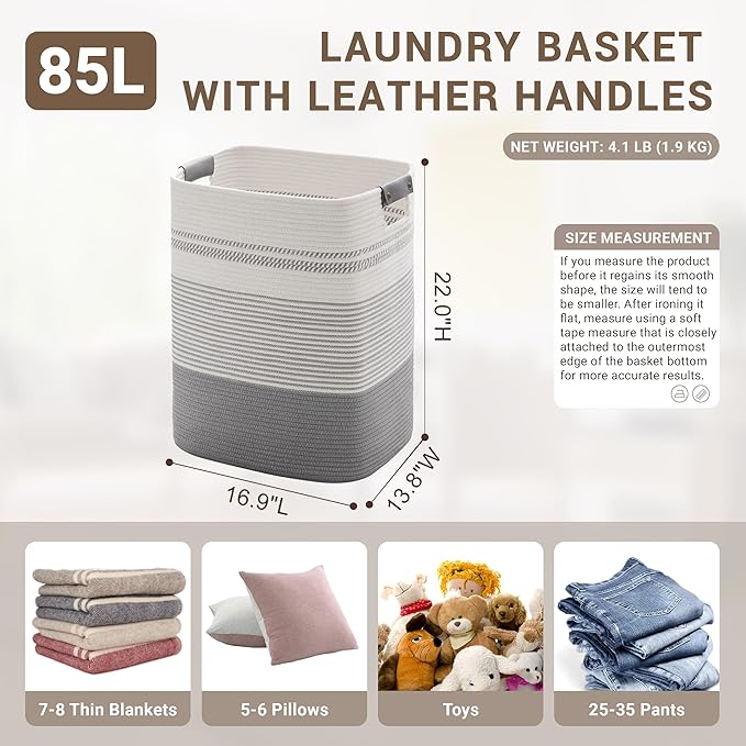 85L Tall Laundry Hamper with Handles for Living Room Storage, Extra Large Woven Rope Baskets Bin for Blanket, Kids Toy, Gifts, Wicker Hamper for Bedroom Dirty Clothes, 17"x14"x22" White Grey