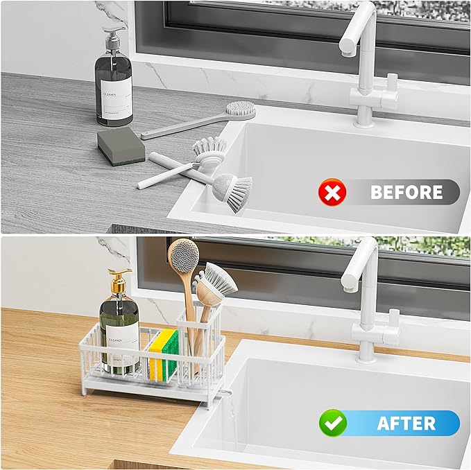 Cisily Sponge Holder for Kitchen Sink, Sink Caddy Organizer with High Brush Holder, Kitchen Countertop Organizers and Storage Essentials, Rustproof 304 Stainless Steel (White, 9.25″)