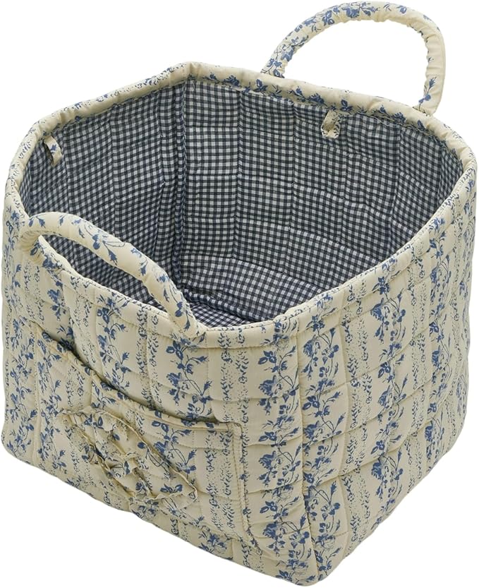 Quilted Fabric Storage Basket with Handles & Pocket, Foldable Laundry Hamper Boho Floral Print Organizer Bin for Home, Picnic, Office 12"x10"x10" (B-5)