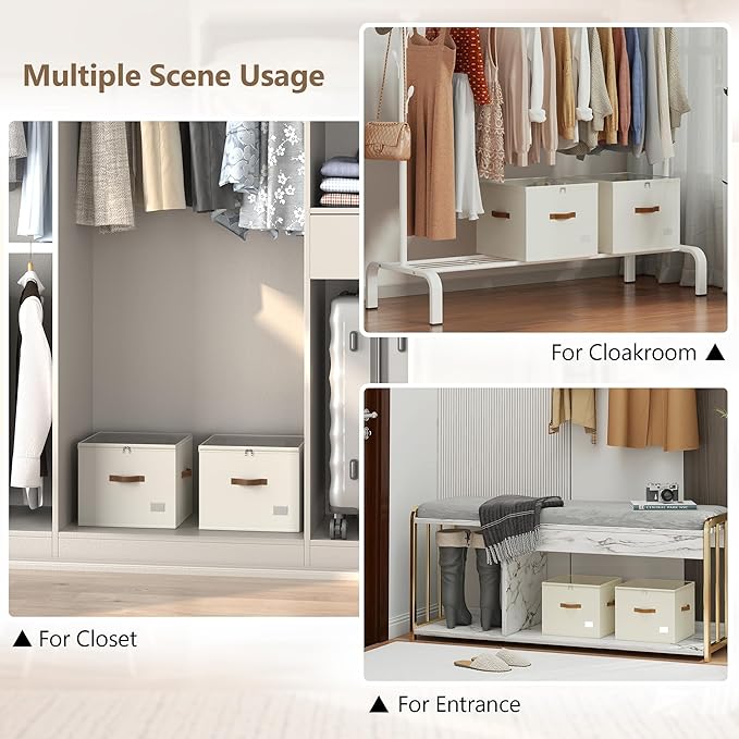 Shoe Organizer for Closet,2 Pack Shoe Storage Bins Foldable Shoe Storage Box Containers with Clear Cover and Sturdy Handles,Shoe Rack for Closet Storage for Sneakers Heels Slippers (Beige)