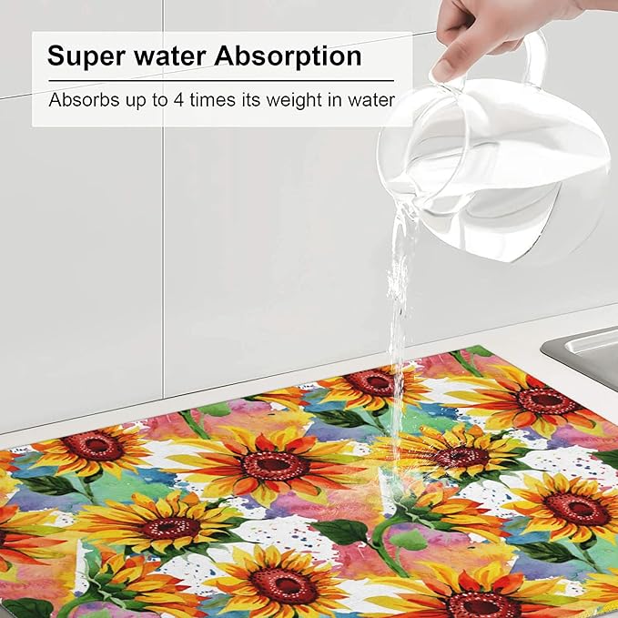 3Pcs Watercolor Sunflower Dish Drying Mat & Kitchen Sink Splash Guard Faucet Mat For Kitchen Counter Absorbent Microfiber Dishes Pad Dish Drainer Rack Mats Fast Dry Kitchen Accessories