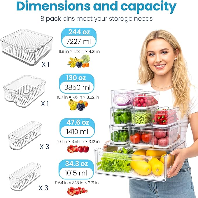 8 Pack Refrigerator Organizers, Clear Pull-out Drawer Container and Organizer Bins with Lids, Stackable Storage Containers for Fruits, Vegetable (Set of 8 (Include Pull Out Drawer))