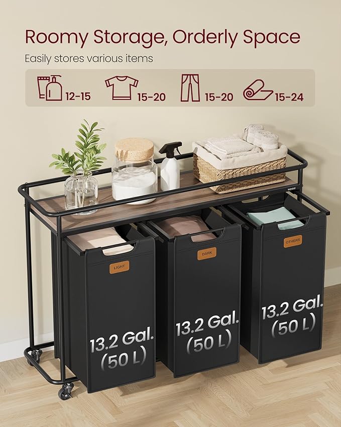 VASAGLE Laundry Sorter, Laundry Hamper with Wheels, 39.6 Gal. (150 L) Portable Rolling Cart Baskets with Shelf, 3 Removable Liners and 6 Labels, Ink Black and Chestnut Brown UBLH103BH01