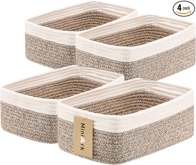 Small Storage Baskets for Organizing | Closet Organizer Bins | Shelf Toy Basket | Woven Rope Baskets | Cube Decorative Box | Shallow Basket | 13x8.5x5.1” | 4 Packs White Brown
