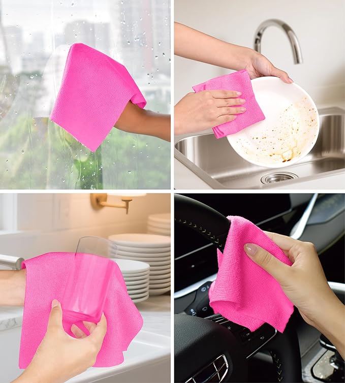 CHAUNCEY HOME Microfiber Cleaning Cloth Roll - 100 Pack Tear Away Microfiber Paper Towels, Reusable, Washable, Scratch-Free, Kitchen Towels for Car, Home, Kitchen, Glass, Dishes (Hot Pink)