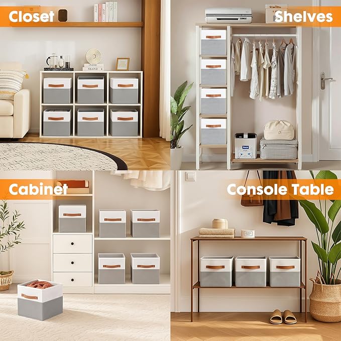 ShellKingdom Storage Bins, Two-Tone Foldable Fabric Storage Cubes with Leather Handle for Closet Toys Clothes Storage Organizer Drawer, 10.5 X 10.5 X 11 inch, 2 Pack (White/Grey)