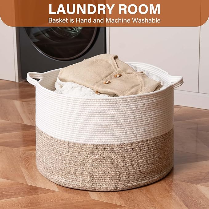 Foldable Laundry Hamper Basket with Collapsible Handle Cotton Rope Soft Woven Fabric Storage Organizer Clothes Toys Nursery Bedroom Dorm Space Saving Bin (White & Brown, 80L(21.7"D x 13.8"H))
