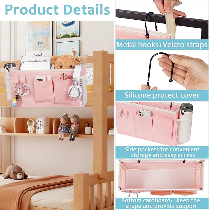 Loghot Bedside Caddy/Bedside Storage Bag Hanging Organizer for Bunk and Hospital Beds,Dorm Rooms Bed Rails,Can be Placed Glasses,Books,Mobile Phones,Keys (2pc Pink)