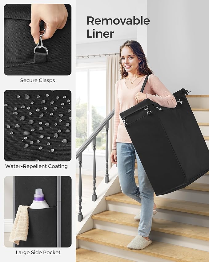 SONGMICS Laundry Basket with Wheels, 2-Section Rolling Laundry Hamper, 37 Gallons (140 L), Removable Liner, Steel Frame with Handle, 27.2 x 15.4 x 31.9 Inches, Ink Black URLS004B01