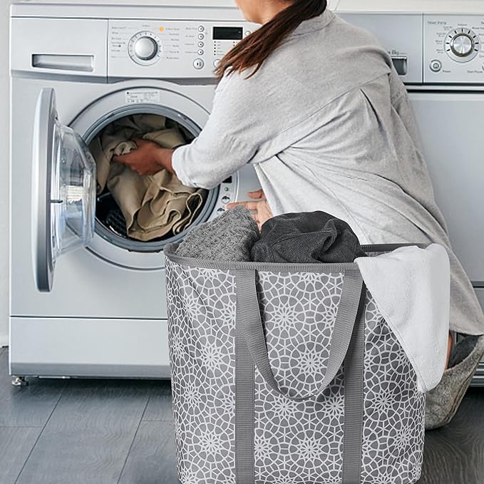JOMOLA Collapsible Laundry Caddy 80L Large Foldable Laundry Basket Grey Collapsible Laundry Hamper Fabric Laundry Tote with Handles and Sturdy Pop-Up Wire Frame