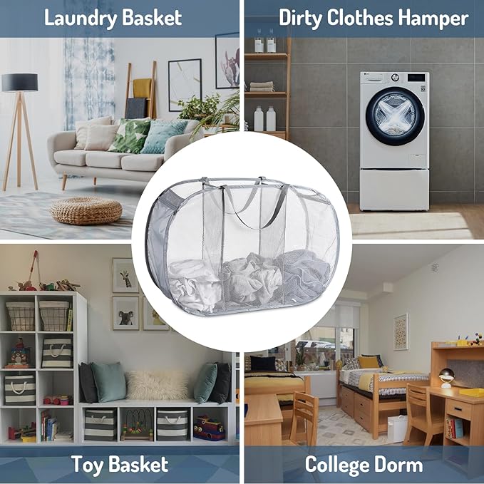 Mesh Popup Laundry Hamper 3 Compartment Sortable Horizontal Collapsible Laundry Basket for Clothes Laundry Room Bedroom Toys Travel (Gray)