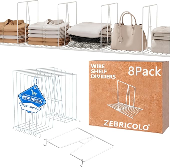 shelf dividers, create 40% more closet space, Set of 8, 12 inch wire shelf dividers, closet organizers and storage,supremely sturdy,closet shelf organizer,Will not break,closet dividers,No Tool,White