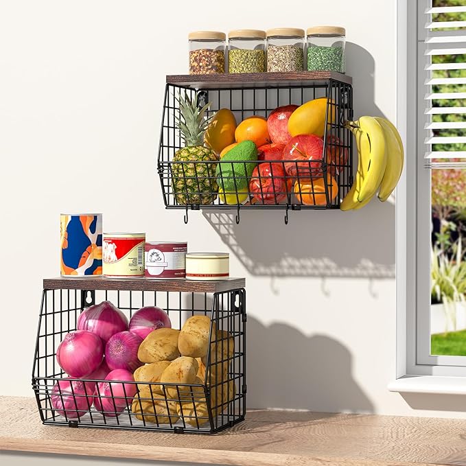 Fruit Bowl for Kitchen Counter Stackable Wall Mounted Hanging Basket Wire Basket with Wood Lid with Banana Hanger Hooks, Onion,Potato,Fruit and Vegetable Storage