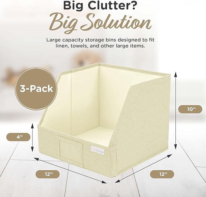 VIVIDECOR Trapezoid Closet Bins for Shelves – 12x12x10 Fabric Storage Baskets, Collapsible Organizer Boxes for Linen, Baby Clothes, Seasonal Storage – Light Beige, 3 Pack