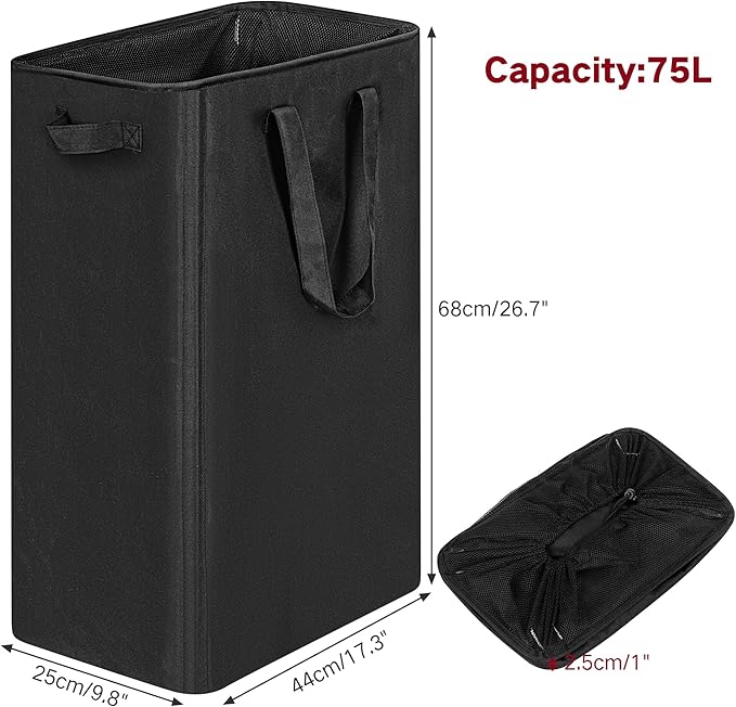 efluky Slim Laundry Basket, Narrow Laundry Hamper with Handles, Collapsible Dirty Clothes Hamper, Tall Laundry Bin for Laundry Room, Dorm and Bedroom, 19.8 Gallon(75L) Black