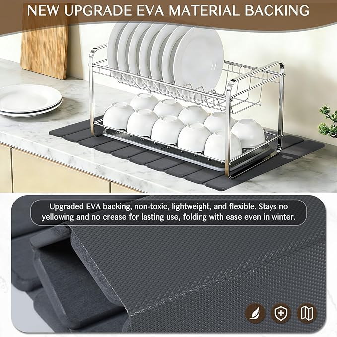Large Stone Dish Drying Mat for Kitchen Counter, Thin & Light Quick Dry Stone Dishes Mat, Foldable Water Absorbing Diatomite Drying Pad for Kitchen Bathroom Sink Countertop (Pure Gray 24"×16" & 8"x4")