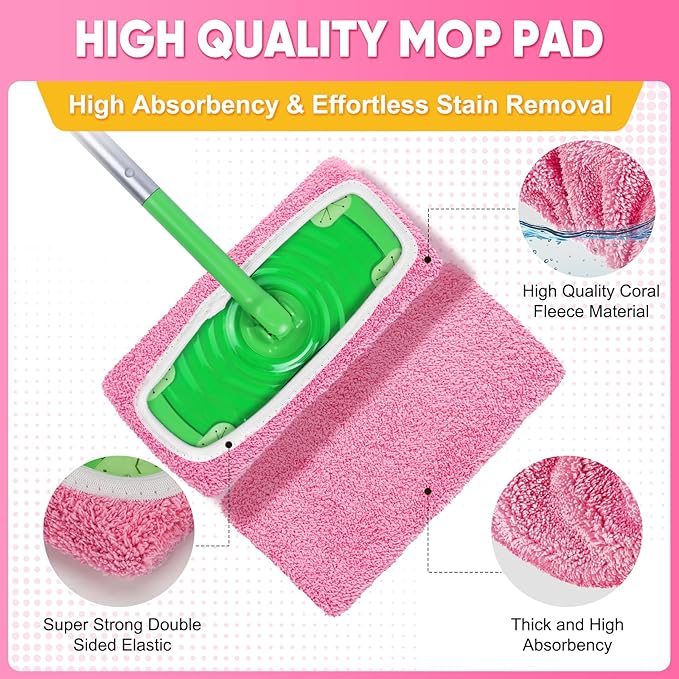 6-Pack Reusable Mop Pads Compatible with Sweeper Mop - 100% Coral Fleece Washable Refills - Microfiber Dry & Wet Sweeping Cloths for Multi-Surface/Hardwood Floor Cleaning- Pink