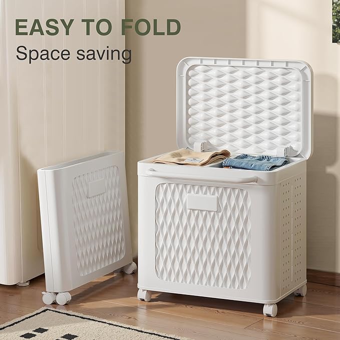 VECELO Rolling Laundry Hamper with Wheels and Lid, Foldable Plastic Laundry Basket with Handle, Rolling Divided Laundry Cart for Small Spaces, Laundry, Bathroom, Bedroom, White