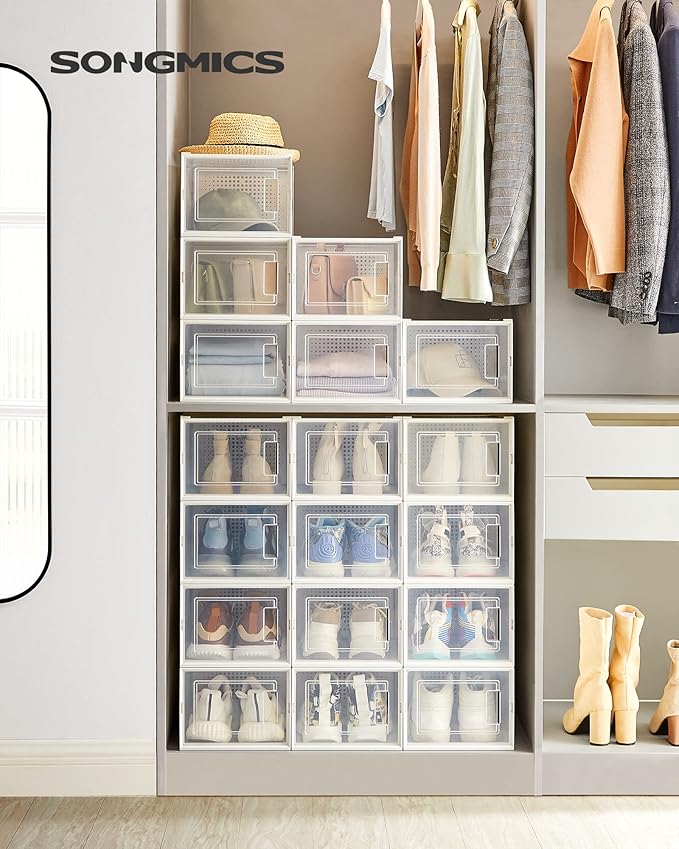 SONGMICS Shoe Boxes, Pack of 18 Shoe Storage Organizers, Stackable Clear Plastic Boxes for Closet, Sneakers, 13.7 x 9.9 x 7.4 Inches, Transparent and White ULSP18MWT