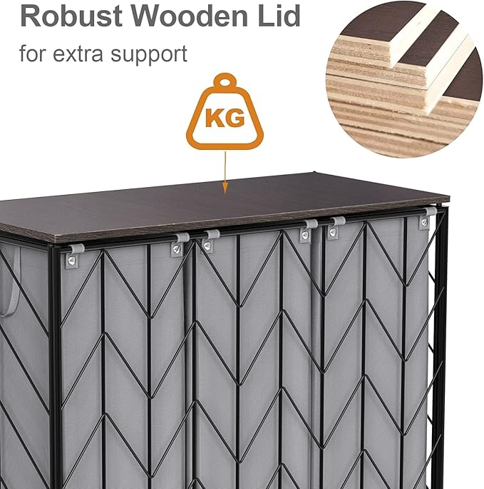 WOWLIVE Laundry Basket with Wheels, 142L Hamper 3 Section with Lid, Dirty Clothes Hamper with Removable Bags, Large Capacity Iron-Made Organizer Laundry Sorter for Dorm, Grey