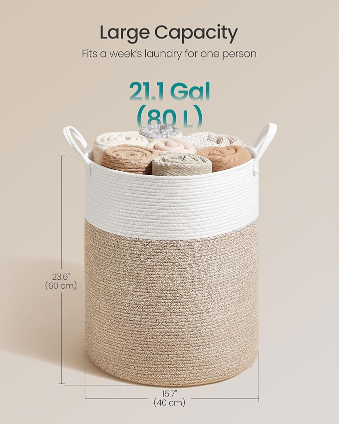 SONGMICS Laundry Hamper, Cotton Rope Laundry Basket with Handles, for Children, Toys, Clothing, Living Room, Bedroom, 21.1 Gallons, 15.7 x 15.7 x 23.6 Inches, White and Grayish Brown URLH062LZ01
