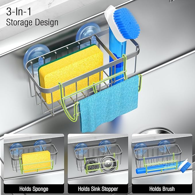 3-in-1 Kitchen Sink Caddy Organizer with Sponge Holder, Brush Holder, Extra Rack for Scrubber, Sink Stopper, Dish Cloth Hanger - Strong Dual Suction Cup, 2.0mm SUS304 Stainless Steel - Silver