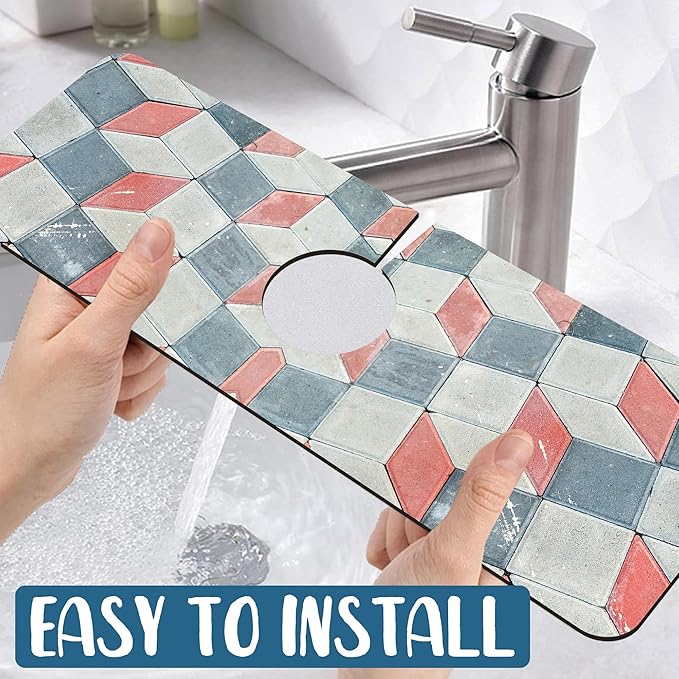 Red Gray Tile Sink Splash Guard Faucet Mat Red White Diamond Super Absorbent Fast Drying Mat Sink Gadgets-Splash Guard Behind Faucet Drip Catcher for Kitchen Bathroom, 15.5"x5.5"