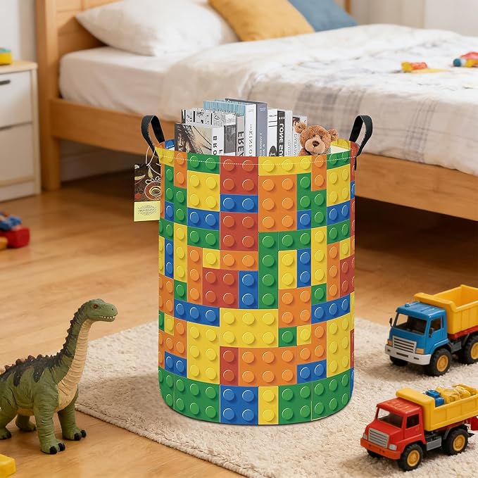 HUNRUNG Laundry Hamper,Large Canvas Fabric Lightweight Storage Basket Toy Organizer Dirty Clothes Collapsible Waterproof for College Dorms（Round-Colorful Blocks）