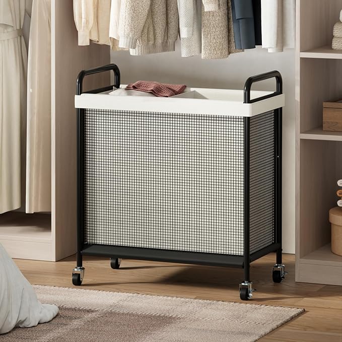 WOWLIVE Laundry Hamper 2 Section, 100L Rolling Laundry Basket with wheels and Removable Liner Bag, Double Laundry Sorter with Metal Handle, Clothes Hamper for Laundry Room, Bathroom and Dorm, Beige