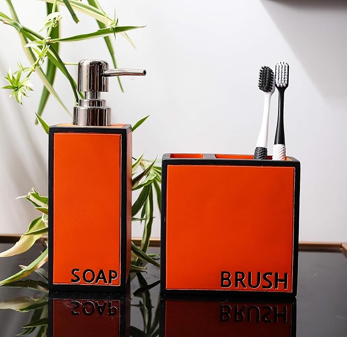 Hymmah Bathroom Accessories Set,Toothbrush Holder,Farmhouse Bathroom Decor,4 Pcs Resin Gift Set Apartment Necessities, Contain Toothbrush Cup,Soap Dispenser,Soap Dish,Tumbler Orange