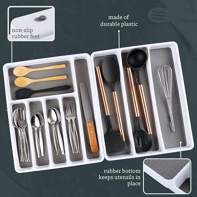 Masirs No-Slip Silverware Tray Organizer, Accommodates Different Kitchen Utensil and Cutlery Sizes, Deep Enough to Fit Entire Drawer, (2-PIECE | 9-SECTIONS)