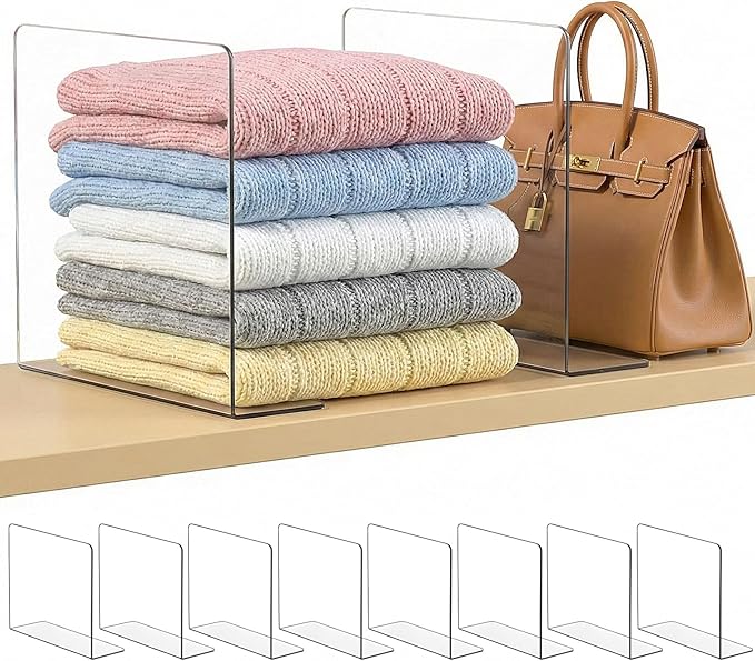 Shelf Dividers for Closet Organization: 10" Tall x 12" Deep, Adhesive Separators Features Acrylic Material and Provides Storage for Clothes and Purses in Bedroom Cabinets(8-Pack)