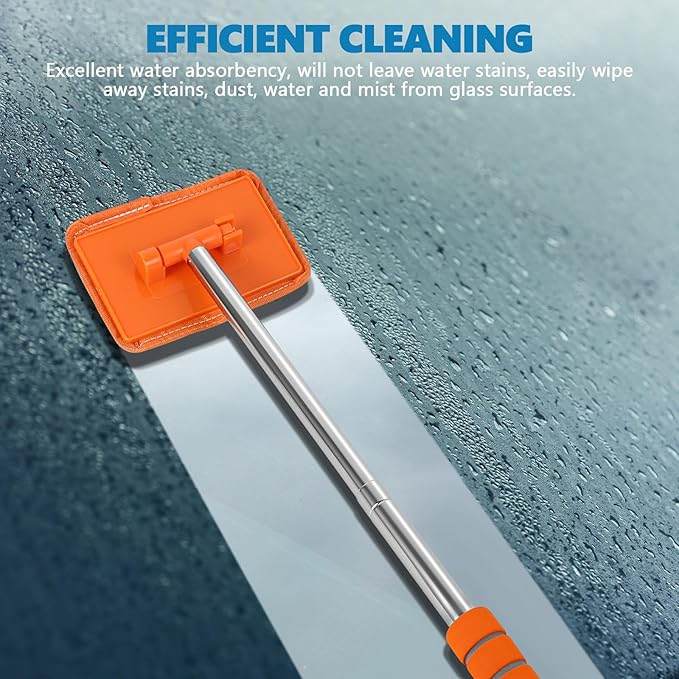 Car Windshield Cleaning Tool, Car Windshield Window Cleaner, Auto Glass Wiper Tool with Extendable Handle & Reusable Microfiber Pad, Universal Vehicle Cleaning Car Accessories (Orange)