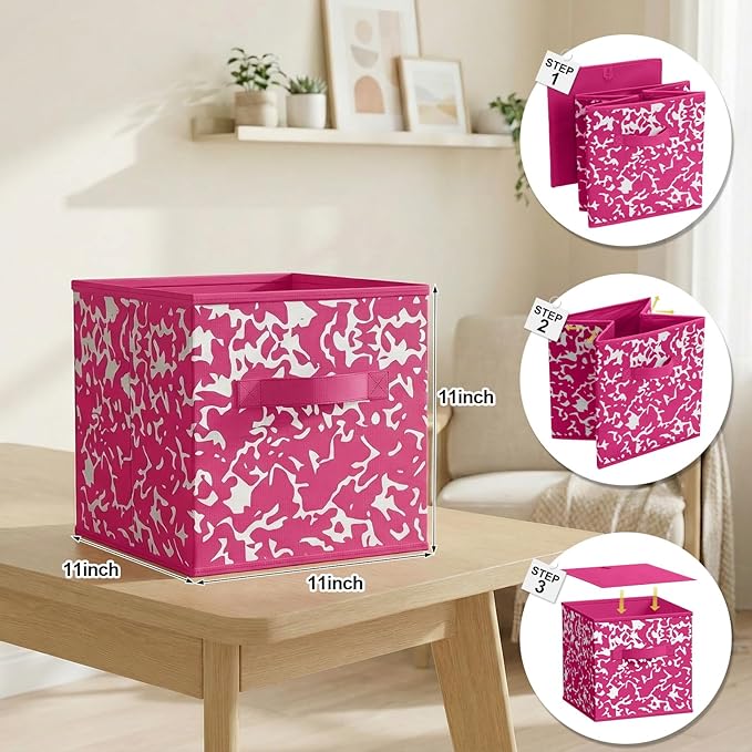 LemonRoad 6 Fabric Storage Cubes 11 Inch Foldable Marble Storage Bins for Organizing Pantry, Toy Box, Clothes Closet Collapsible Baskets for School Organizing with Handle(Rainbow Color, Classic Style)