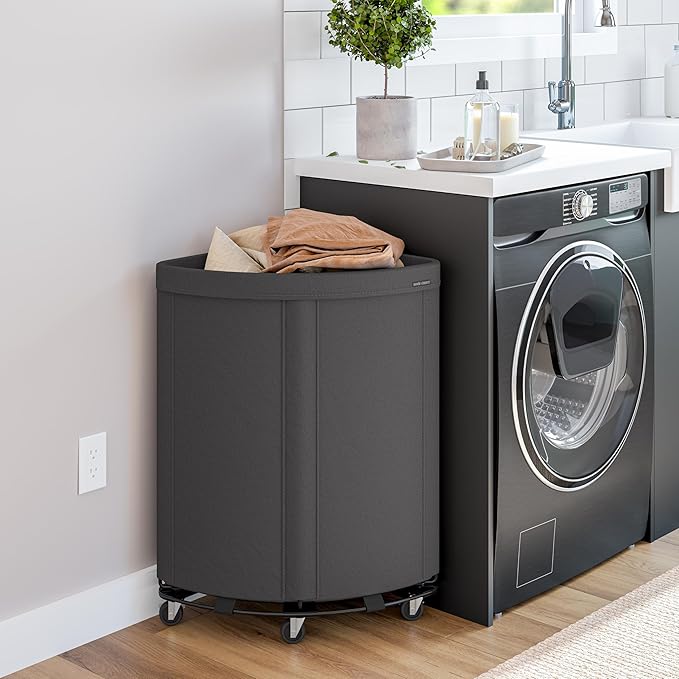 Seville Classics Large Commercial Heavy Duty Rolling Steel Frame Laundry Hamper Canvas Cart Bin, w/Wheels for Hotel, Home, Closet, Bedroom, Gray, Corner 17.7” D x 24.0” W