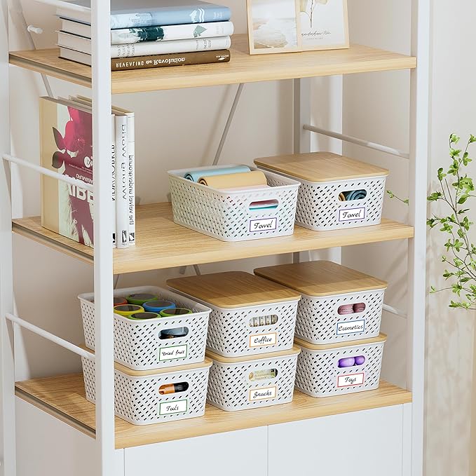 8 Packs Plastic Storage Bins with Bamboo Lids - Stackable Storage Bins Decorative Small Basket Containers for Organizing Shelves Office Classroom Desktop Closet, Cream White