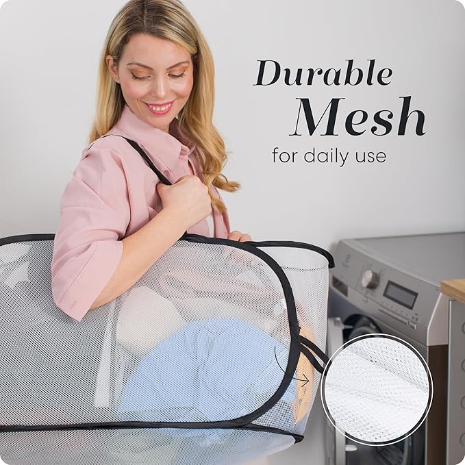 Foldable Laundry Basket - Popup and Collapsible, Durable Mesh Material, Folds for Storage, Easy Carry Handles - Great Hamper for College Dorm, Laundry Room or Travel (White-Black, 2-Compartments)