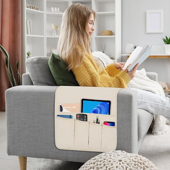 WETRBWEH TV Remote Control Holder Couch Caddy, Non-slip Bedside Caddy Organizer with 5 Pockets for Key Glasses Phone Magazine Holders (Beige, 35"x12.4")