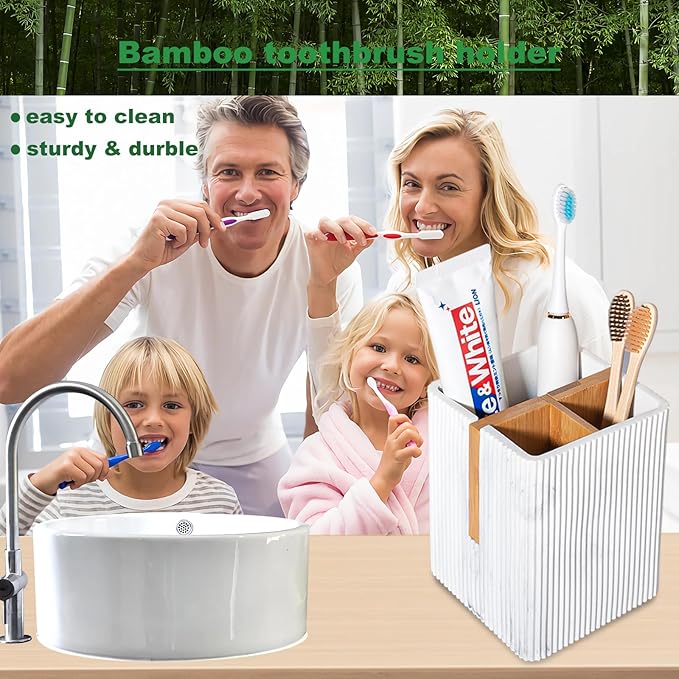 rejomiik Toothbrush Holders for Bathrooms Countertop, 3 Slots Electric Tooth Brushing and Toothpaste Storage Organizer Stand for Toiletries and Beauty Accessories, Marble White