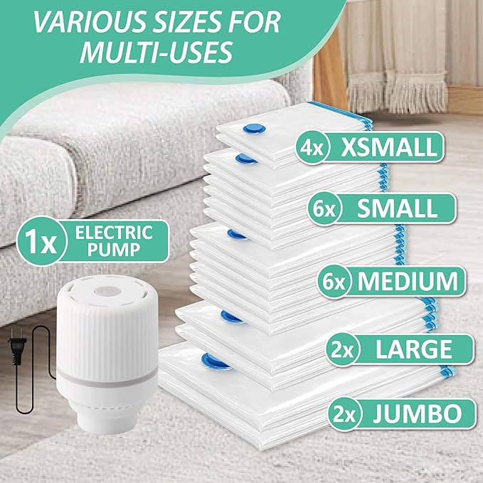 Cozy Essential 20 Pack Vacuum Storage Bags with Electric Pump, Vacuum Seal Space Saver Bags Compression for Clothing, Pillows, Blanket, Bedding, Comforters