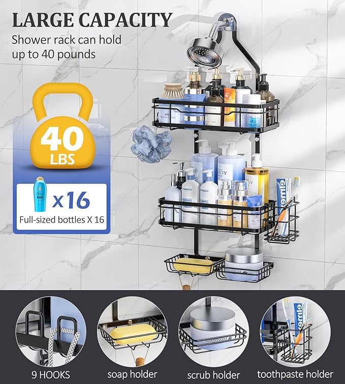 OMAIRA Shower Caddy Organizer Hanging, Adjustable Stainless Steel No Drilling Non-Slip Bathroom Caddy Organizer Storage Shelves for Inside Bath Over Shower Head Rack Holder, Black