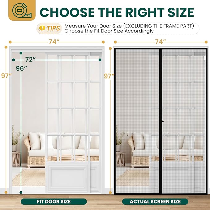 Magnetic Screen Door Mesh with Super Strong Magnets Fit Door Size 72" X 96", Mesh Size 74" X 97" Heavy Duty Door Net Screen for Sliding, French, Single and Patio Doors