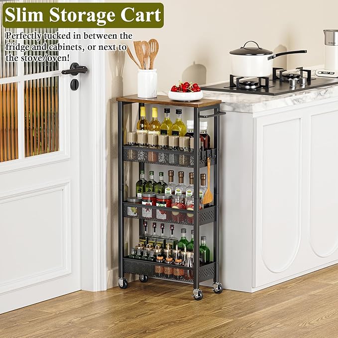 Utility Slim Storage Cart, 4 Tier Small Rolling Kitchen Laundry Room Cart with Wood Top, Metal Narrow Bathroom Storage Cabinet Mobile Shelf Unit Organizer Trolley with Handle for Narrow Space
