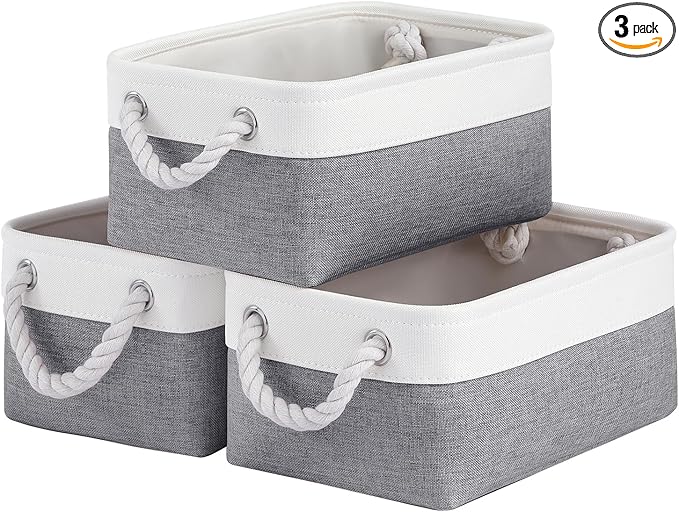 Storage Baskets for Shelves 11.8x7.9x5.2 Inch, Foldable Fabric Storage Bins with Handles, Small Storage Baskets for Organizing Closet, Office, Home Organization (3-Pack, White&Gray)