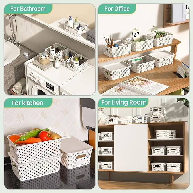 Plastic Storage Baskets with Lid - Plastic Storage Containers Stackable Storage bins: Storage Baskets for Organizing Shelves Drawers Desktop Closet Playroom Classroom Office, 8 Pack-White