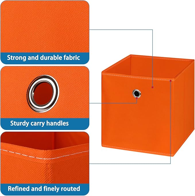 Fabric Cubes Storage Containers ,11 Inch Cloth Storage CubeFoldable Storage Bins Cubes Organizer Baskets with Dual Handles for Shelf Closet Set of 6,(Orange)
