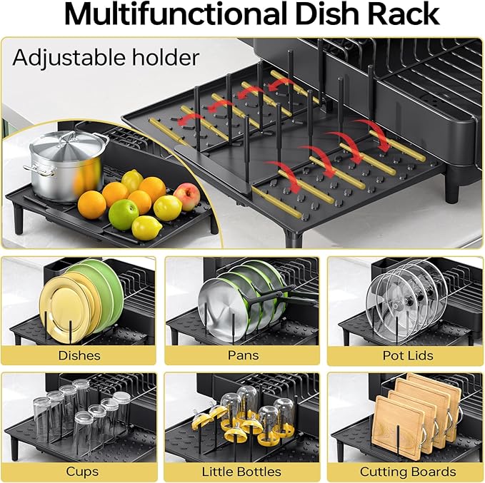 Dish Drying Rack for Kitchen Counter, 304 Stainless Steel Dish Rack, Expandable Dish Drainer, Foldable Dish Strainer with Cutlery Holder, Kitchen Plate Rack (Black, Large Size)
