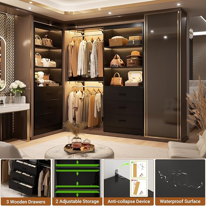 Aheaplus 23.6" Closet Drawers System, Wood Closet Organizer System with 3 Drawers, Modular Small Walk-in Closets Storage Unit, Black (23.6" L x 13.8" W x 71" H)